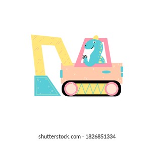 Dinosaur in a bright excavator. He works on a construction site and unloads the ground with his large bucket.
