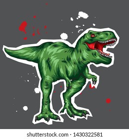 Dinosaur. Bright vector illustration. Cartoon reptile. Tyrannosaur. Print on clothes, drawing for postcards. Hipster.
