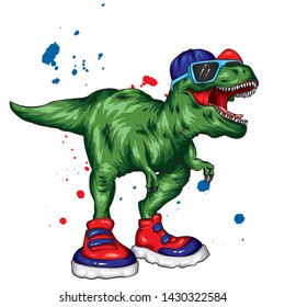 Dinosaur. Bright vector illustration. Cartoon reptile. Tyrannosaur. Print on clothes, drawing for postcards. Hipster.