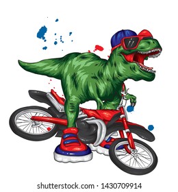 Dinosaur. Bright vector illustration. Cartoon reptile. Tyrannosaur. Print on clothes, drawing for postcards. Hipster.