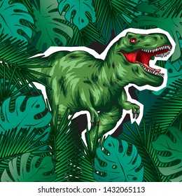 Dinosaur. Bright vector illustration. Cartoon reptile. Tyrannosaur. Print on clothes, drawing for postcards. Hipster.