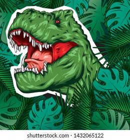 Dinosaur. Bright vector illustration. Cartoon reptile. Tyrannosaur. Print on clothes, drawing for postcards. Hipster.