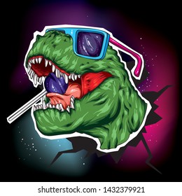 Dinosaur. Bright vector illustration. Cartoon reptile. Tyrannosaur. Print on clothes, drawing for postcards. Hipster. Lollipop and glasses.