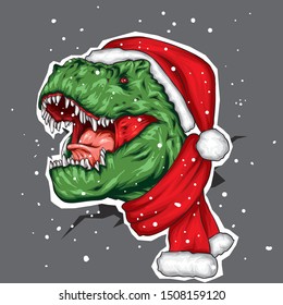 Dinosaur. Bright vector illustration. Cartoon reptile. Tyrannosaur. Print on clothes, drawing for postcards. Hipster. Christmas and New Year. Santa Claus cap.