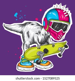 Dinosaur. Bright vector illustration. Cartoon reptile. Tyrannosaur. Print on clothes, drawing for postcards. Hipster. Skater. Sport. Skateboard, extreme.
