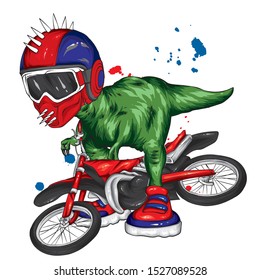 Dinosaur. Bright vector illustration. Cartoon reptile. Tyrannosaur. Print on clothes, drawing for postcards. Hipster.