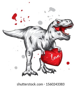 Dinosaur. Bright vector illustration. Cartoon reptile. Tyrannosaur. Print on clothes, drawing for postcards. Hipster. Valentine's Day, love, heart.