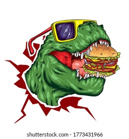 Dinosaur. Bright vector illustration. Cartoon reptile. Tyrannosaur. Print on clothes, drawing for postcards. Hipster. Fast Food, Burger.