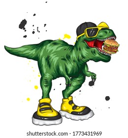 Dinosaur. Bright vector illustration. Cartoon reptile. Tyrannosaur. Print on clothes, drawing for postcards. Hipster. Fast Food, Burger.