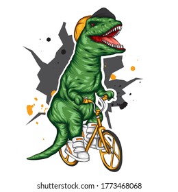 Dinosaur. Bright vector illustration. Cartoon reptile. Tyrannosaur. Print on clothes, drawing for postcards. Hipster. Bicycle.
