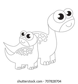 Dinosaur Brontosaurus mother and baby cartoon. Outlined illustration with thin line black stroke