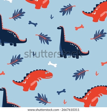 dinosaur brontosaurus and t-rex seamless pattern vector cartoon for kids apparel fullprint fabric.This design is suitable for children's clothing textile industry