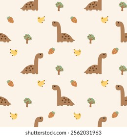 Dinosaur brown cartoon so cute. On banana strawberry tree background. Pattern seamless vector illustration. 