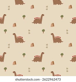 Caricatura marrom do dinossauro tão fofa. Sobre o fundo da pegada da montanha. Ilustração de vetor uniforme de padrão. 
