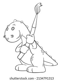 Dinosaur with brush. Element for coloring page. Cartoon style.