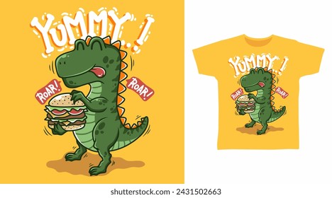 Dinosaur with Burger t shirt art fashion designs.