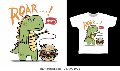 Dinosaur with Burger tshirt art fashion designs.