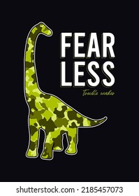 Dinosaur with camouflage texture and slogan for t-shirt design. Typography graphics for tee shirt in military style with camouflage dinosaur. Print for apparel with camo and dino. Vector illustration.