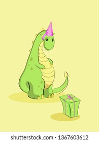 dinosaur with a cap in front of a green gift box on a beige background