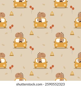Dinosaur in car cartoon so cute. On balloon traffic cone leaf background. Pattern seamless vector illustration. 