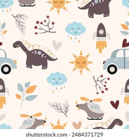 Dinosaurio, coche, helicóptero, cohete, sol, sin fisuras, ilustración