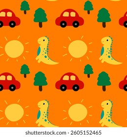 Dinosaur and car on orange background, fabric pattern, gift wrapping paper, seamless pattern