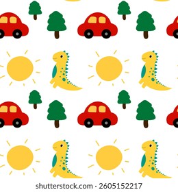 Dinosaur and car on white background, fabric pattern, gift wrapping paper, seamless pattern