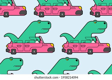 Dinosaur in car pattern seamless. Tyrannosaurus rides auto background. T-rex in vehicle texture. Baby fabric ornament