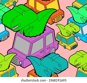 Dinosaur in car pattern seamless. Tyrannosaurus rides auto background. T-rex in vehicle texture. Baby fabric ornament