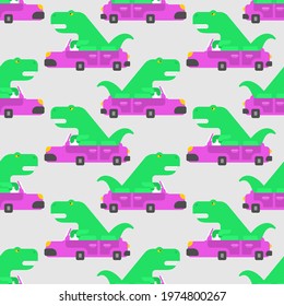 Dinosaur in car pattern seamless. Tyrannosaurus rides auto background. T-rex in vehicle texture. Baby fabric ornament