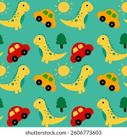 Dinosaur, car, tree, sun on green background, fabric pattern, gift wrapping paper, seamless pattern