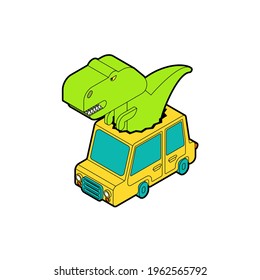 Dinosaur in car. Tyrannosaurus rides auto. T-rex in vehicle