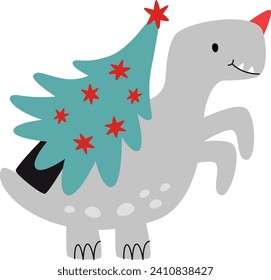 Dinosaur Carrying Christmas Tree Vector Illustration