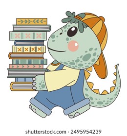 Dinosaur carrying a stack of books. Character, flat style, children's illustration on a white background. Book day poster