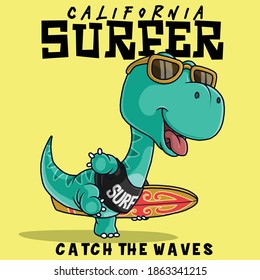 Dinosaur carrying a surfboard. t-shirt design.