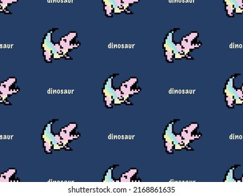 Dinosaur cartoon character seamless pattern on blue background. Pixel style