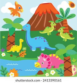 dinosaur cartoon character vector set for school kids Set of jurassic cute design element. 