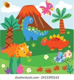 dinosaur cartoon character vector set for school kids Set of jurassic cute design element. 