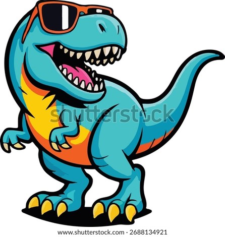 Dinosaur Cartoon Character Vector – T-Rex Baby Dinosaur with Sunglasses Summer Fun Illustration for Kids, Stickers, and Apparel Design.