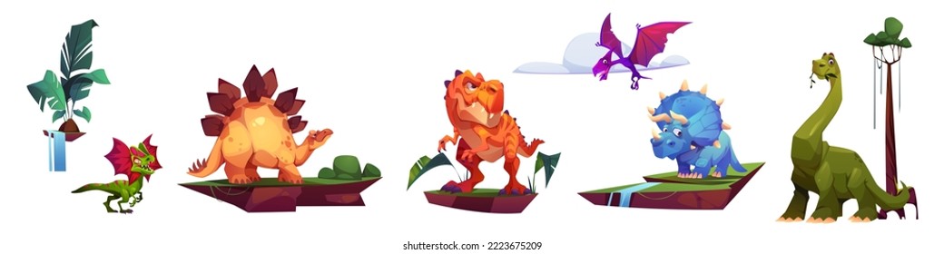 Dinosaur cartoon characters isolated set. Stegosaurus, tyrannosaurus, diplodocus and triceratops, pterodactyl, brachiosaurus or velociraptor with pterosaur jurassic era animals Vector illustration