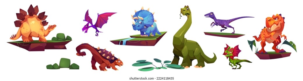 Dinosaur cartoon characters isolated set. Stegosaurus, tyrannosaurus, diplodocus and triceratops, pterodactyl, brachiosaurus or velociraptor with pterosaur jurassic era animals Vector illustration