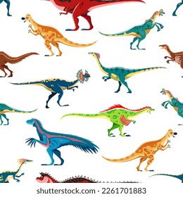 Dinosaur cartoon characters seamless pattern. Fabric vector backdrop or print with Pachycephalosaurus, Oviraptor, Dilophosaur and Gallimimus, Raptor, Therizinosaurus dinosaurs comical personagesa