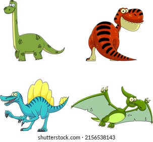 Dinosaur Cartoon Characters. Vector Hand Drawn Collection Set Isolated On White Background