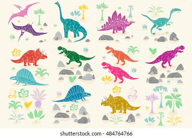 Dinosaur cartoon collection set vector illustration. comic tyrannosaurus fantasy.