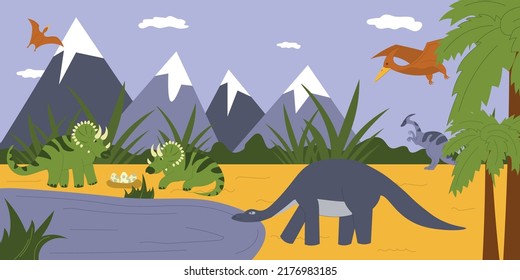 Dinosaur cartoon colored background with ancient flying and armored animal characters flat vector illustration