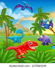 A dinosaur cartoon cute animal background prehistoric landscape scene.