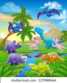 A dinosaur cartoon cute animal background prehistoric landscape scene.