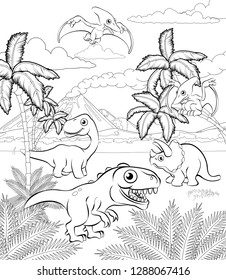 A dinosaur cartoon cute animal background prehistoric landscape coloring outline scene.