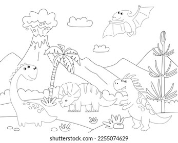 A dinosaur cartoon cute animal background prehistoric landscape coloring outline scene. Vector printable coloring page for children in cartoon style