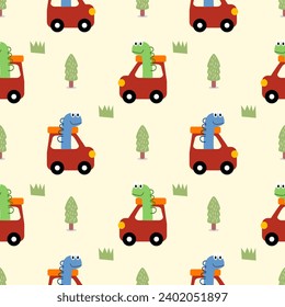 Dinosaur cartoon so cute drive a car red. On tree grass background. Pattern seamless vector illustration. 
